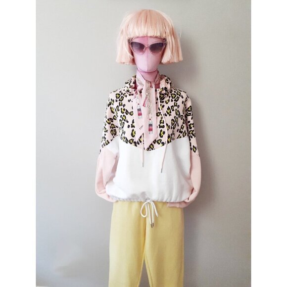 EUC Genetic Apparel pink & white animal print colour block hooded sweatshirt, L - Picture 2 of 10